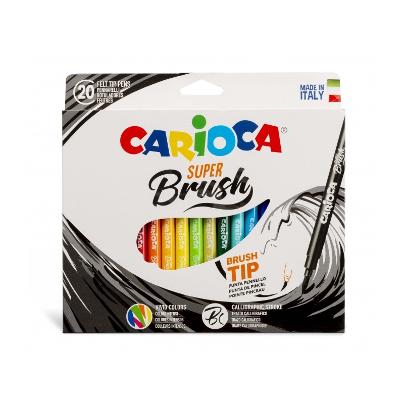 Carioca Super Brush 20 Pack - Punta morbida e flessibile - Inchiostro lavabile - Colori super brillanti - Perfetto per c