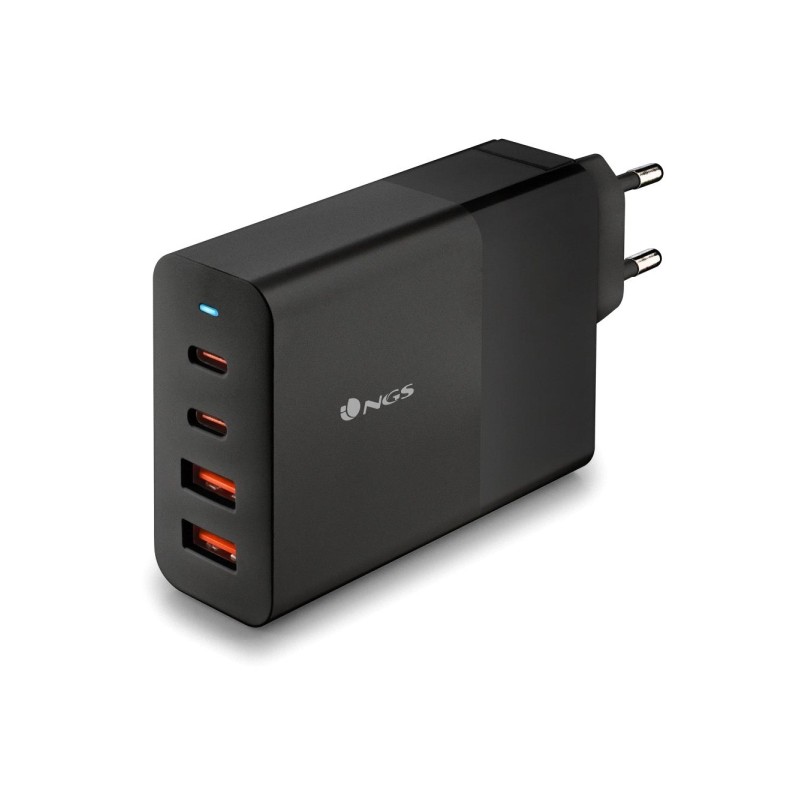 NGS Bud 100W GaN Caricatore da parete universale 100W ultraveloce - 2x USB-C PD e PPS. 2x USB-A QC 3.0 - Nero