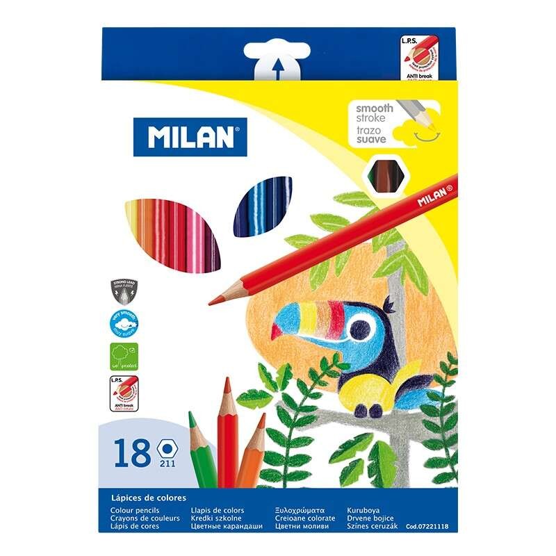 Milan Confezione da 18 matite colorate esagonali - mina 2.9 mm - tratto uniforme - resistente allo strappo - colori asso