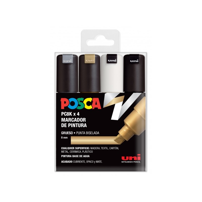 Posca PC-8K Set di 4 pennarelli - Punta smussata acrilica 8 mm - Inchiostro a base d'acqua - Resistente alla luce - Colo