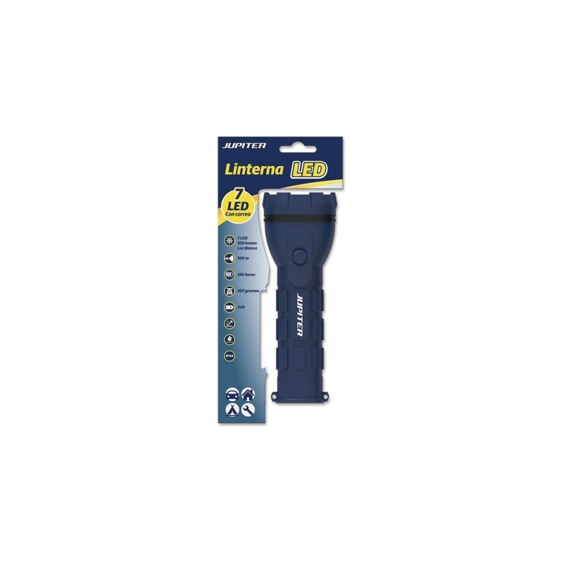 Torcia Jupiter a luce bianca 7 LED 100lm - Corpo in gomma - Resistenza IP44 - Alimentazione con 2 batterie D R20 (non in