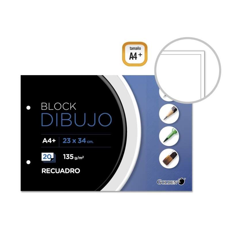 Blocco da disegno dorato A4+ 20 fogli con scatola interna - Carta da 135gr - Incollata con 2 fori