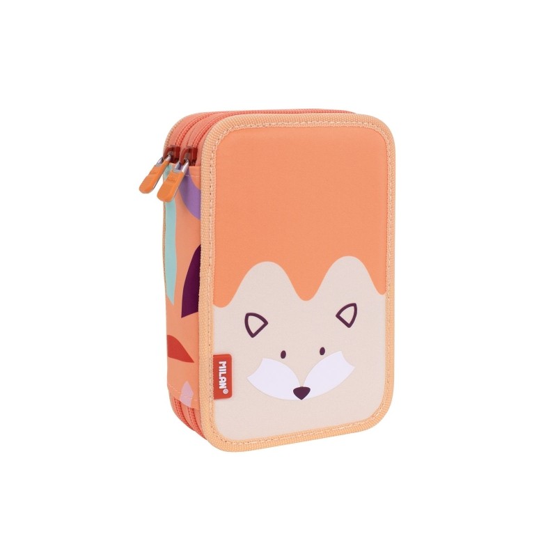 Milan Fun Animals Astuccio a 2 piani con 2 gomme. temperamatite. matita. penna a capsula. righello. 12 matite colorate e