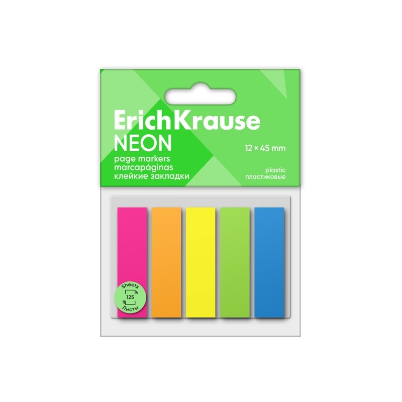 ErichKrause: confezione da 5 pezzi da 25 segnapagina in plastica 12x45 mm - Colori giallo. blu. arancione. verde. aranci
