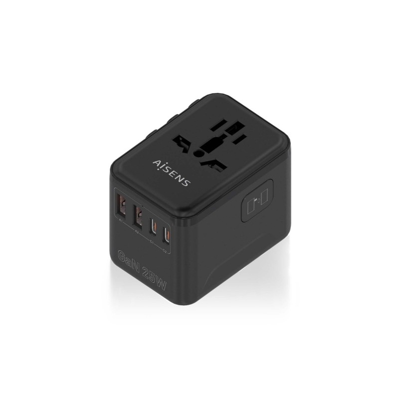 Aisens Adattatore universale da viaggio GaN 25W - 2xUSB-A QC3.0. 2xUSB-C PD3.0 - Colore nero