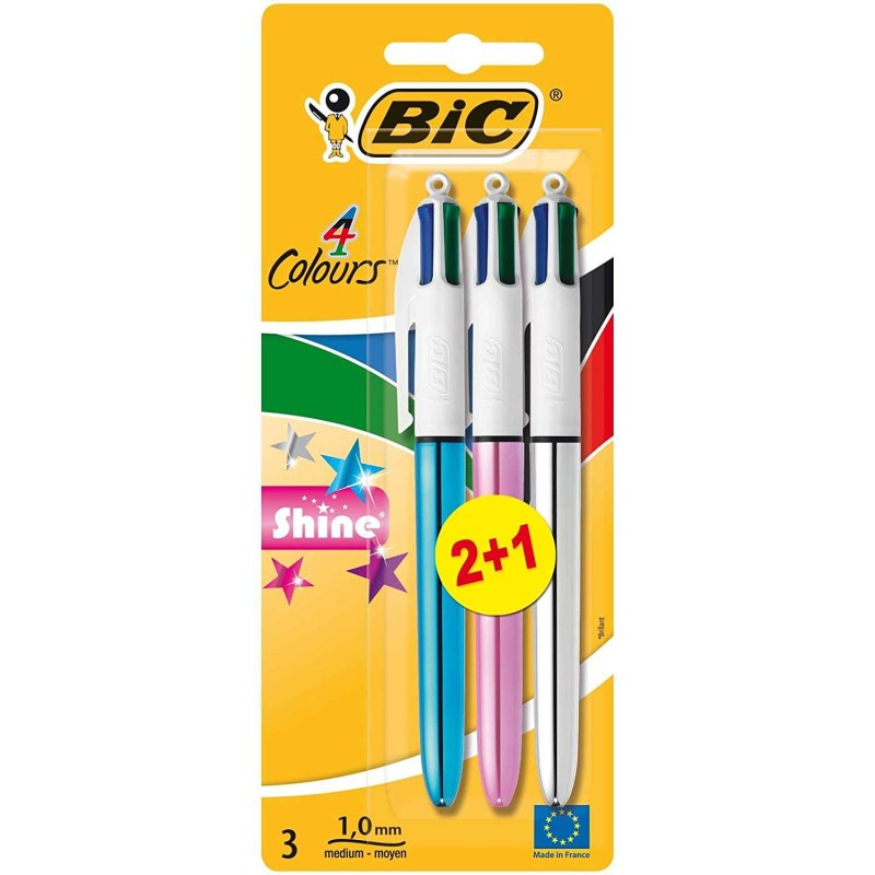Bic 4 Colours Shine 2+1 Confezione da 3 penne a sfera retraibili - Punta media da 1.0 mm - Inchiostro a base d'olio - Fu