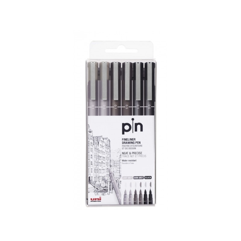 Uni-ball Uni Pin Confezione da 6 penne calibrate 0.1. 0.5 - Punta in poliacetale - Inchiostro pigmentato resistente all'
