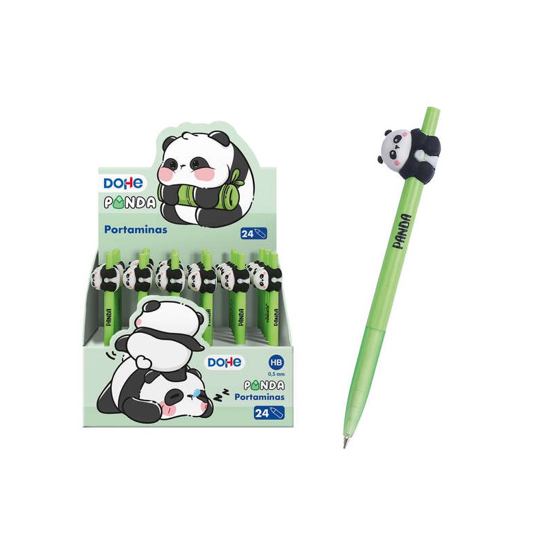 Dohe Display di 24 matite meccaniche 0.5 mm - Grip in gomma - Fusto verde con decorazione orso panda