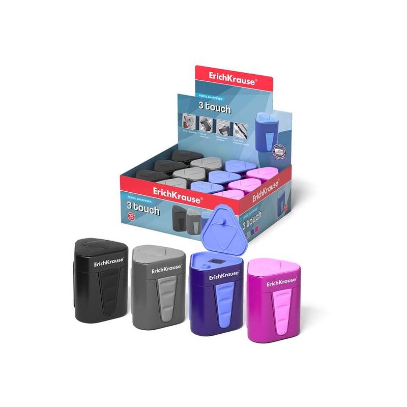 Erichkrause Temperamatite in plastica 3-Touch con contenitore e coperchio - Contenitore per trucioli grande - Bordi in g