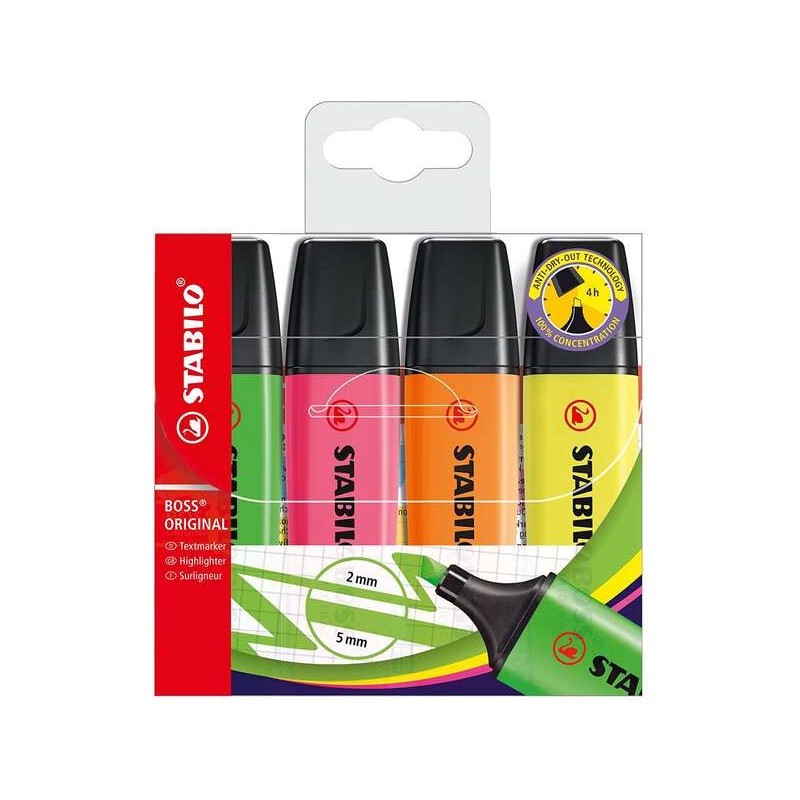 Stabilo Boss 70 Confezione da 4 evidenziatori - Linea da 2 a 5 mm - Ricaricabili - Inchiostro a base d'acqua - Colori as
