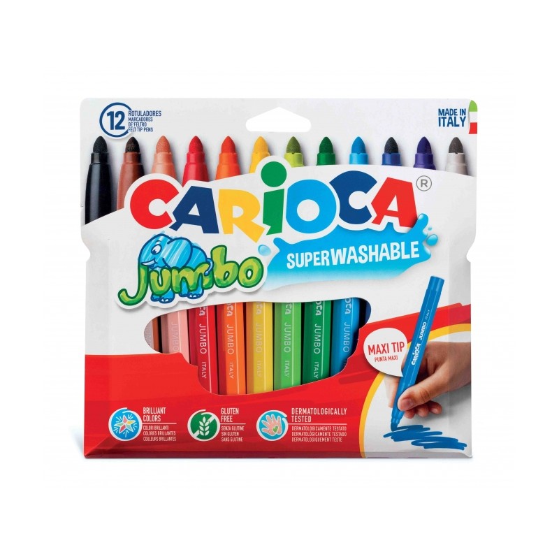 Penna Carioca Jumbo 12 - Fusto ottagonale maxi - Inchiostro superlavabile - Punta bloccata maxi 6 mm - Cappuccio ventila