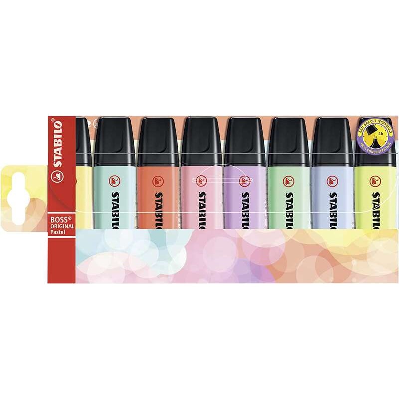 Stabilo Boss 70 Pastel Confezione da 8 evidenziatori - Linea da 2 a 5 mm - Ricaricabili - Inchiostro a base d'acqua - Co