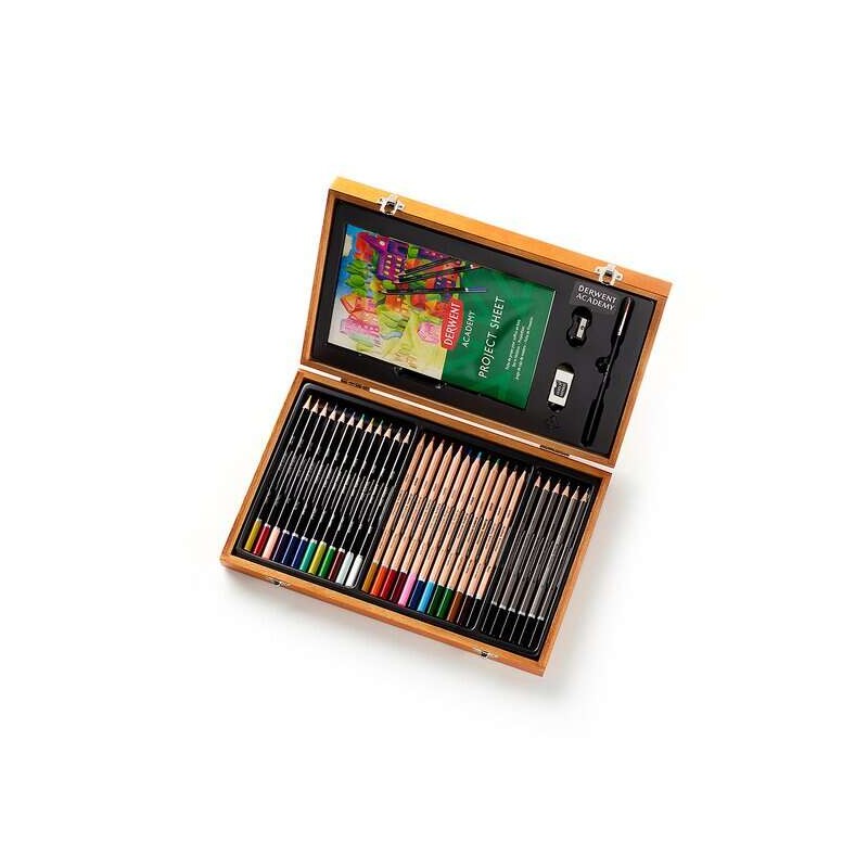 Scatola in legno Derwent Academy con 12 matite colorate. 12 matite acquerellabili. 6 matite per schizzi in grafite. penn