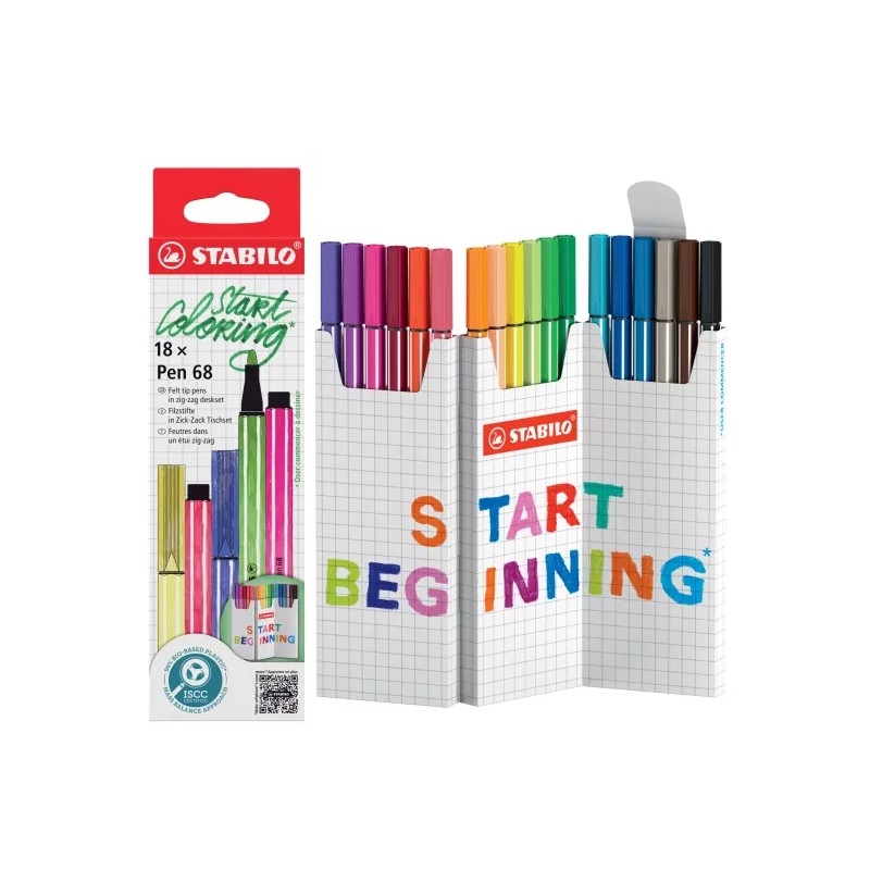 Stabilo Pen 68 Confezione da 18 penne con punta in fibra - Tratto di circa 1 mm - Inchiostro a base d'acqua - Colori ass