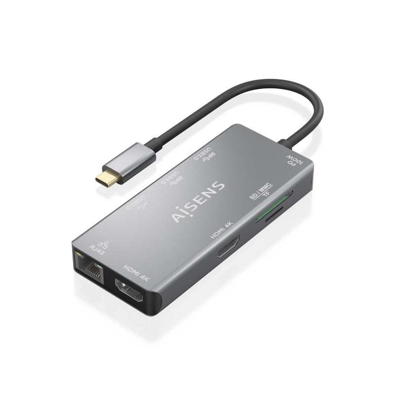 Aisens USB-C Dock 9 in 1 - Da USB-C a 2xHDMI - 1xRJ45 - 2xUSB-A USB3.0 - 1xUSB-A USB2.0 - 1xUSB-C PD - 1xSD - 1xMicro SD