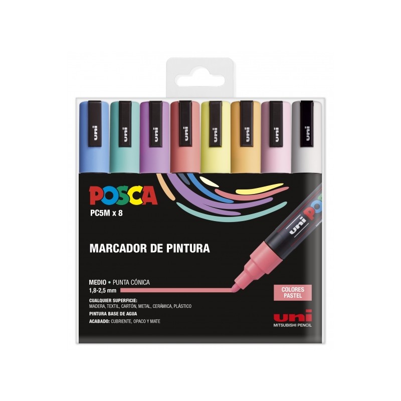 Set di 8 pennarelli Posca PC-5M/8C - Punta in poliestere 1.8-2.5 mm - Inchiostro a base d'acqua - Resistente alla luce -