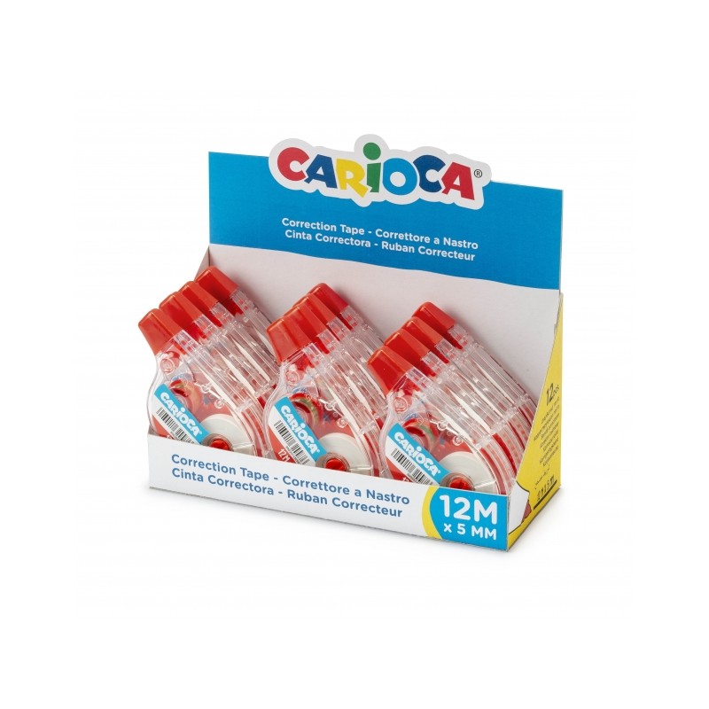 Nastro Carioca Display di 12 correttori - 12mx5mm - Coprente - Subito riscrivibile - Colore Bianco