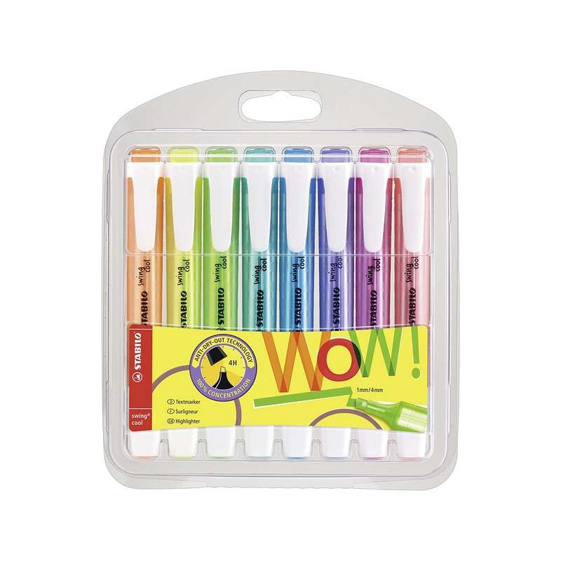 Stabilo Swing Cool Confezione da 8 evidenziatori - Corpo piatto - Punta smussata - Linea da 1 a 4 mm - Inchiostro a base