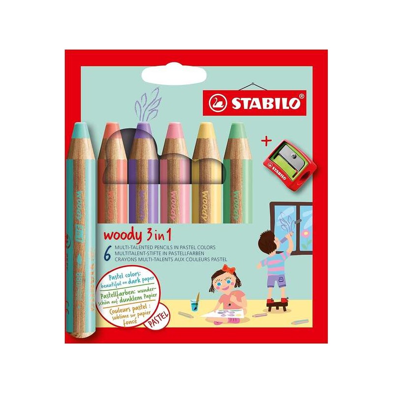 Stabilo Woody 3 in 1 confezione da 6 matite colorate pastello + temperamatite - Matita colorata. matita a cera e acquere