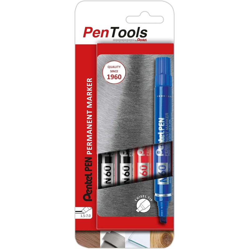 Pentel PenTools Confezione da 4 penne industriali permanenti Pentel Pen N60 - Punta smussata resistente e durevole - Lin