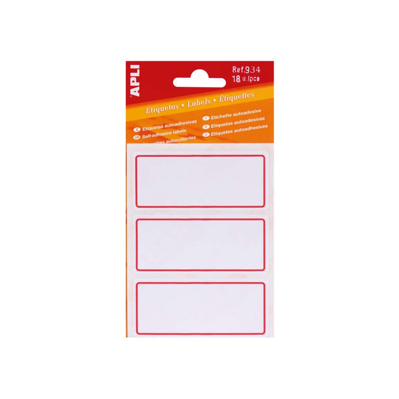 Adesivi per la scuola Apli Basic - Dimensioni 78x34 mm - Bordo rosso - 6 fogli (18 etichette) - Adesivi permanenti di al