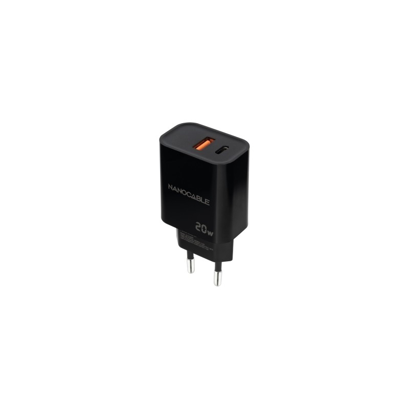 Caricabatterie da parete Nanocable USB-C/PD + USB-A/QC 20W - Nero