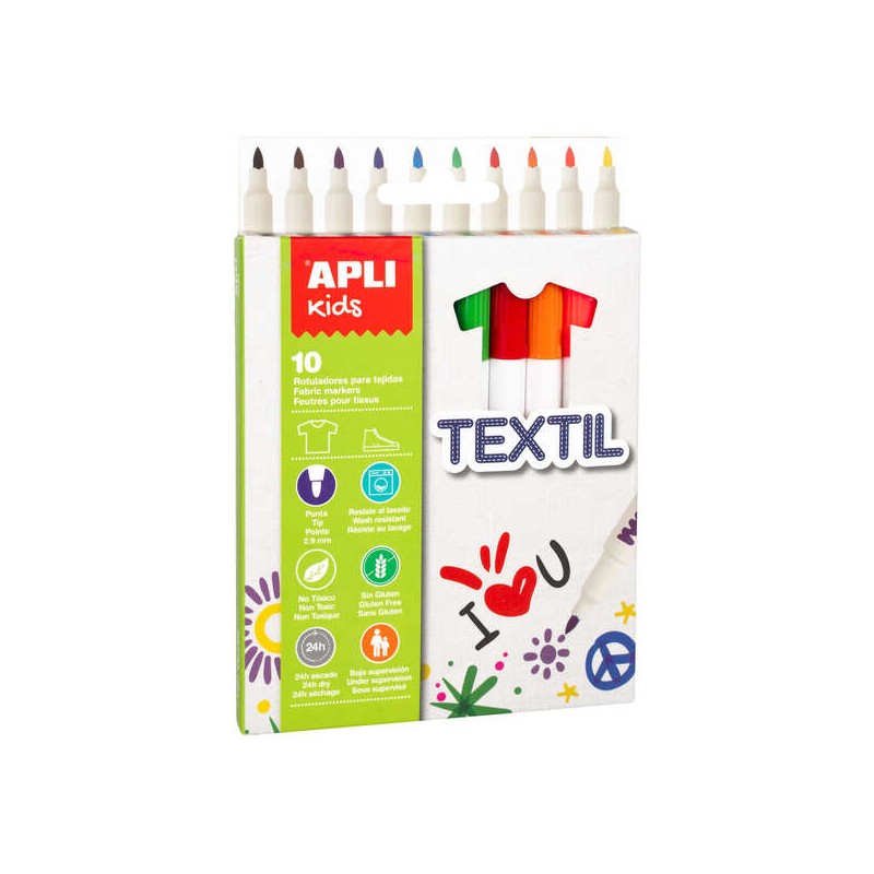 Apli Kids Confezione da 10 pennarelli per tessuti - Punta tonda bloccata Ø 2.9 mm - Cappuccio antisoffocamento - Non to