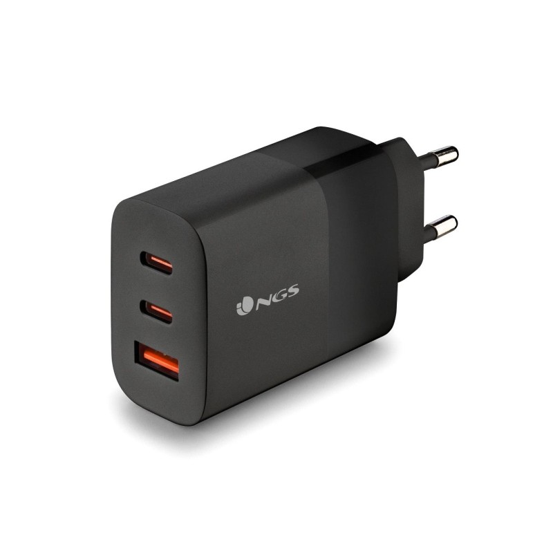 NGS Bud 65W Caricatore da parete GaN universale 65W ultraveloce - 2x USB-C PD e PPS. 1x USB-A QC 3.0 - Nero