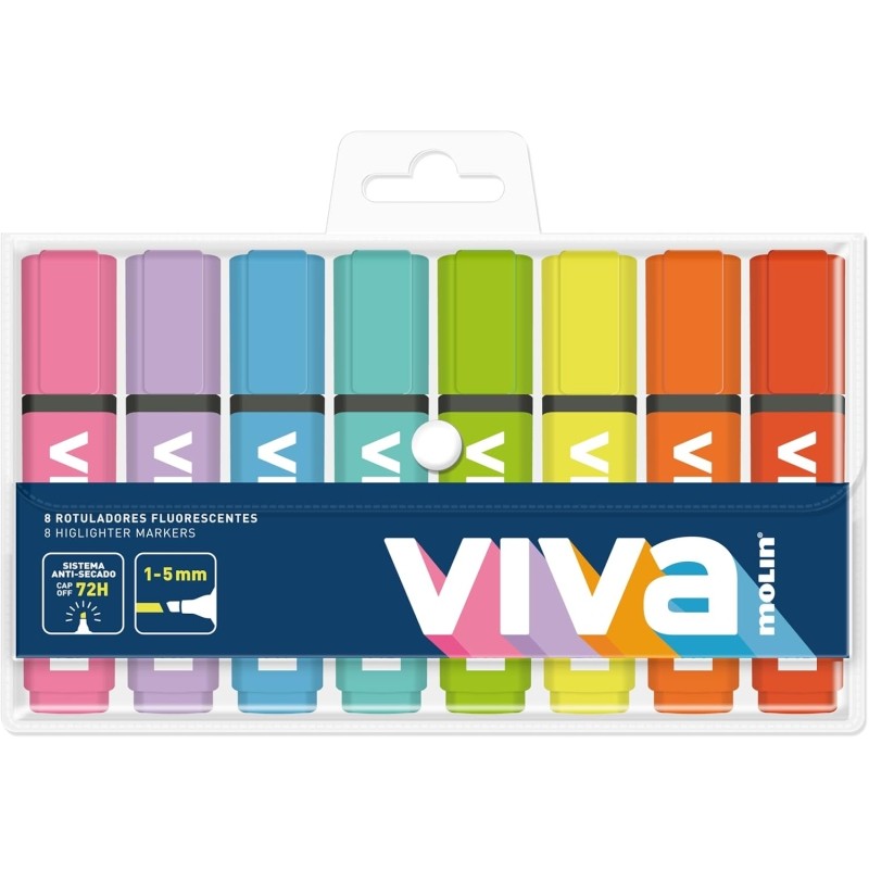Molin Viva Confezione da 8 pennarelli fluorescenti - Linea da 1 a 5 mm - Inchiostro a base d'acqua - Colori assortiti