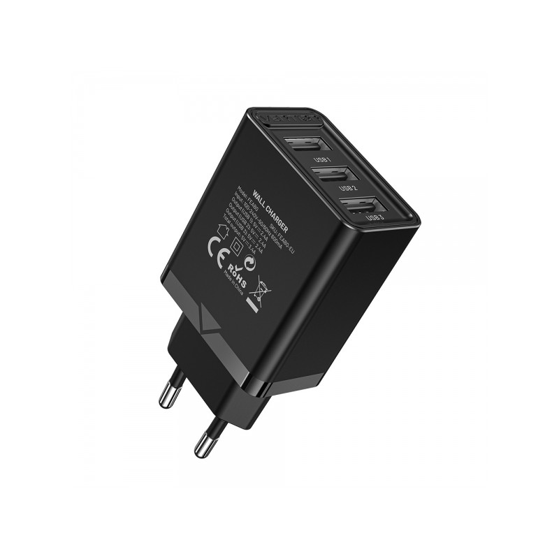 Vention Caricatore da parete USB-Ax3 2.4A 12Wx3 - Ricarica rapida - Nero