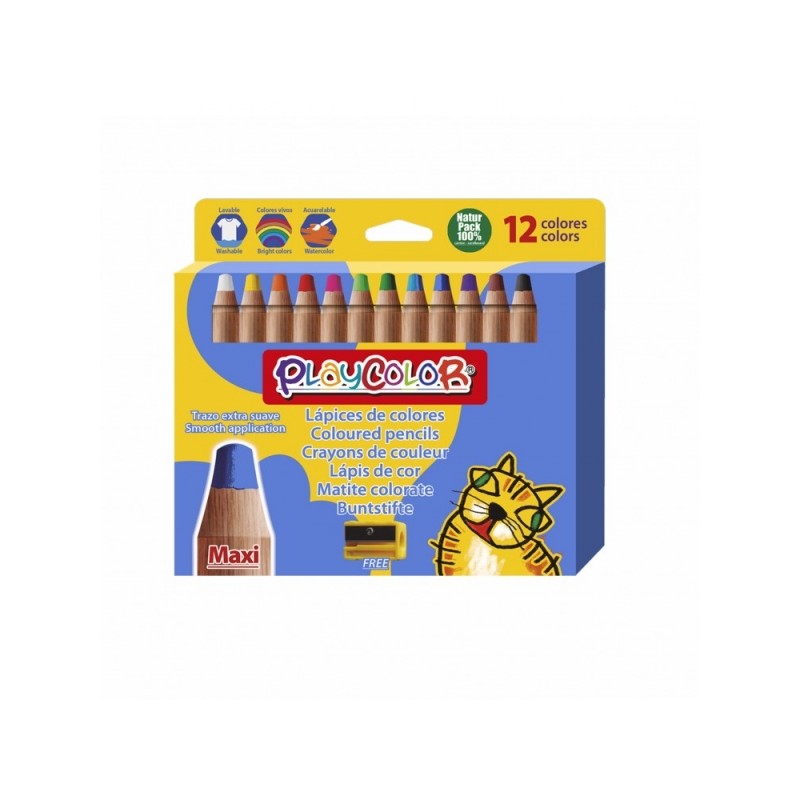 PlayColor Confezione da 12 matite colorate spesse + temperamatite - Extra morbide - adatte per carta. cartone. vetro ecc