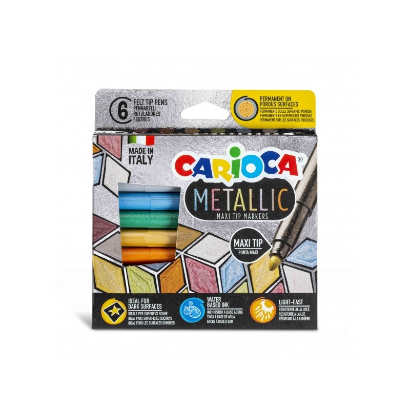 Carioca Metallic Maxi confezione da 6 - Punta maxi Ø 6 mm - Ideale per superfici scure - Colori permanenti su superfici