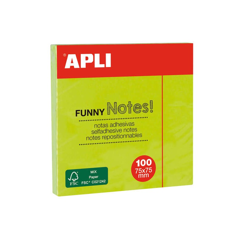 Apli Sticky Notes Funny 75x75mm - Blocco da 100 fogli - Note adesive di qualità - Facili da staccare - Colore verde flu