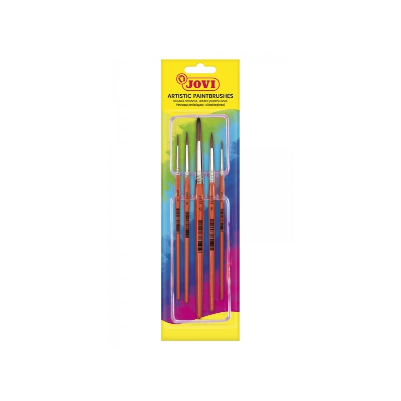 Blister di pennelli artistici Jovi con 5 pennelli tondi - Capelli naturali - Manico di legno - Calibro da 00 a 12 - Punt