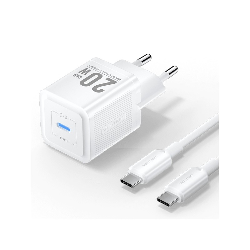 Vention Caricatore da parete GaN USB-C 20W - Cavo USB-C 1m - Bianco