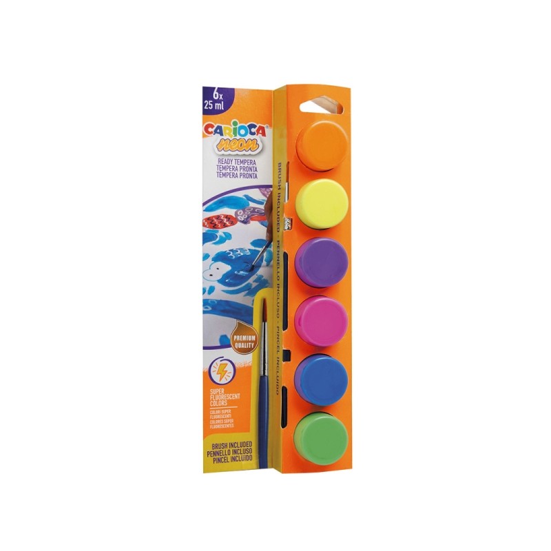 Carioca Neon Confezione da 6 tempere in flaconi da 25 ml + pennello - Super lavabili - miscelabili - colori neon assorti