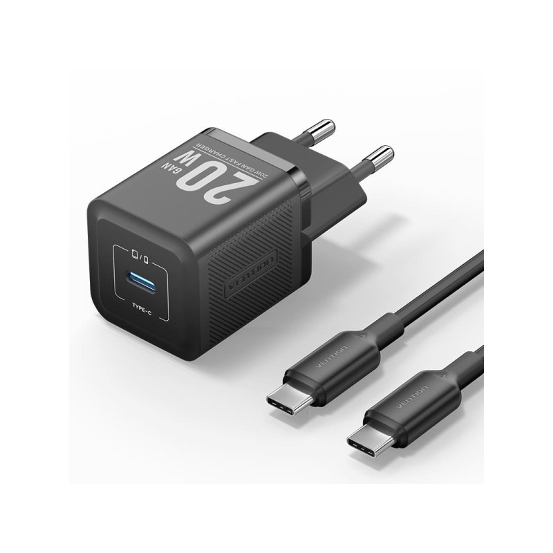 Vention Caricatore da parete GaN USB-C 20W - Cavo USB-C 1m - Colore nero