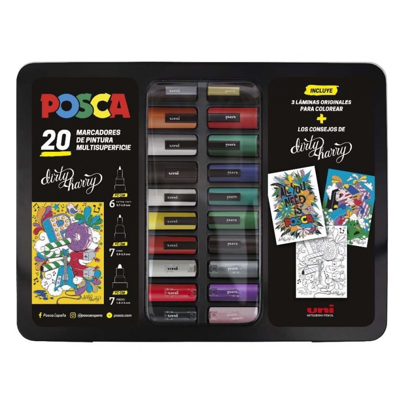 Valigetta Posca in metallo con 20 pennarelli - Colori e tratti assortiti - Punta in poliestere - Inchiostro pigmentato a