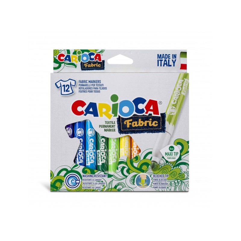 Carioca Fabric Confezione da 12 pennarelli per tessuti - Punta maxi Ø 6 mm - Inchiostro speciale per tessuti - Colori i