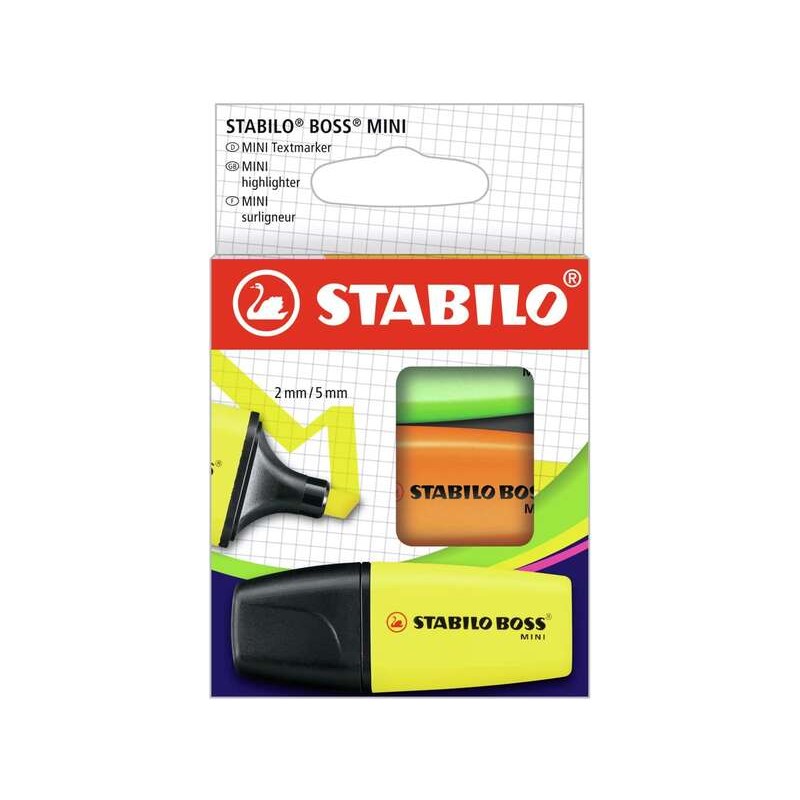 Stabilo Boss Mini Confezione da 3 mini pennarelli fluorescenti - Linea da 2 a 5 mm - Inchiostro a base d'acqua - Anti-se