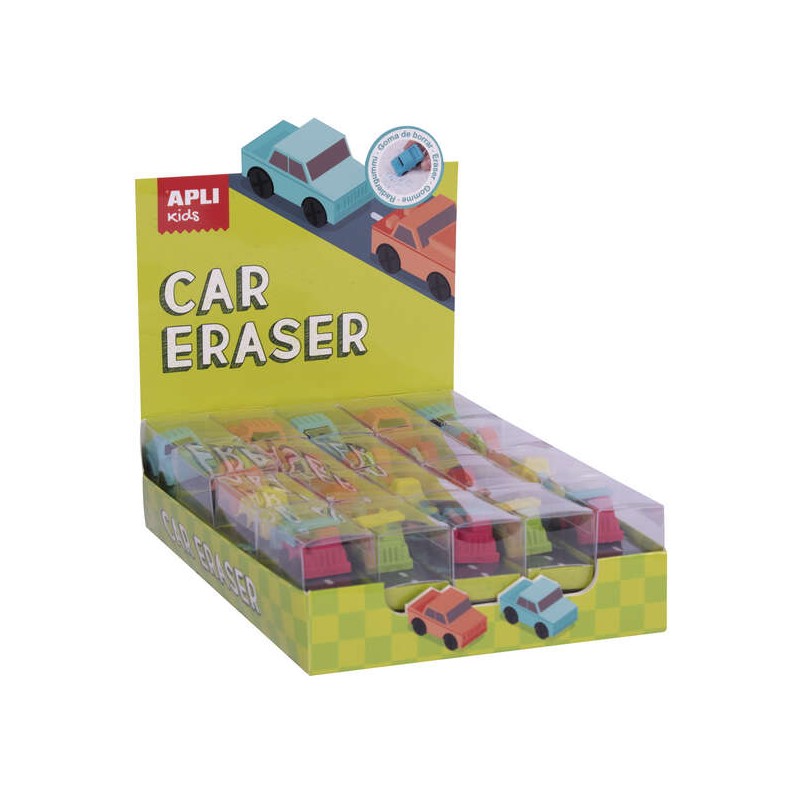 Gomme per auto Apli - Espositore con 20 unità in 4 modelli assortiti - Forma di auto per cancellare e giocare - Modelli