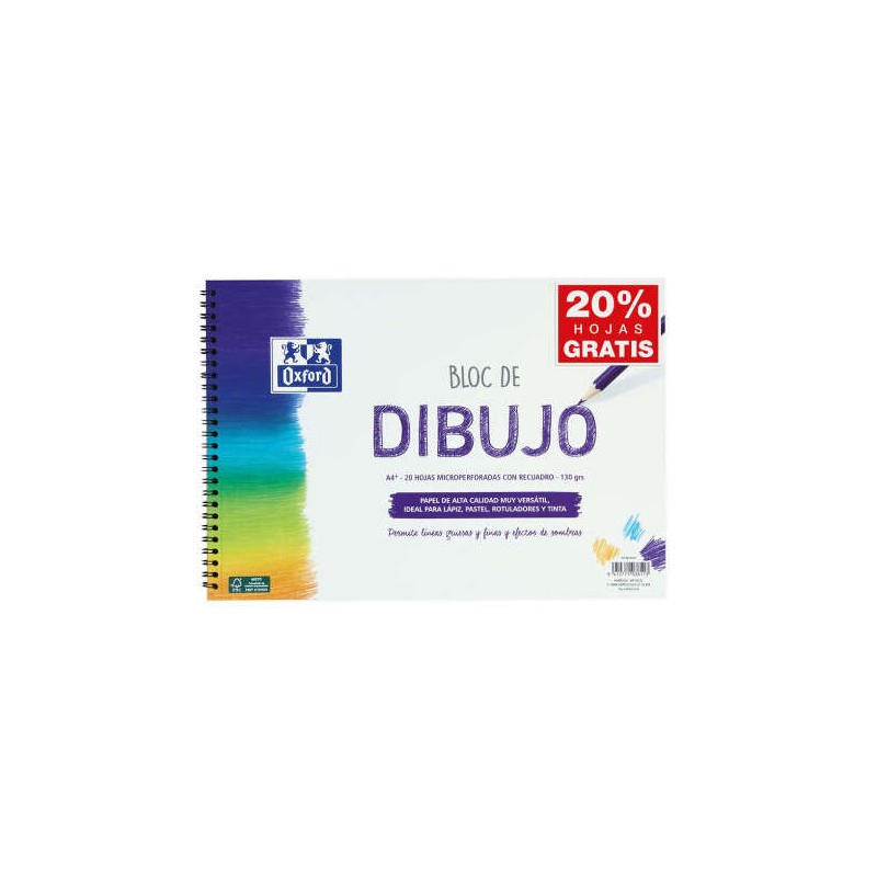 Oxford School Sketchbook Rilegato a spirale A4+ con foratura - 20 fogli microperforati 130 g/m² Colore naturale - Carta