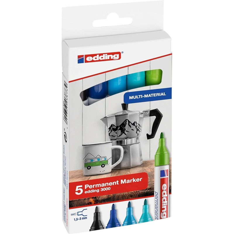 Edding 3000 Confezione da 5 penne permanenti Colori freddi - Punta tonda da 1.5 mm - Linea da 1.5 a 3 mm - Ricaricabili 