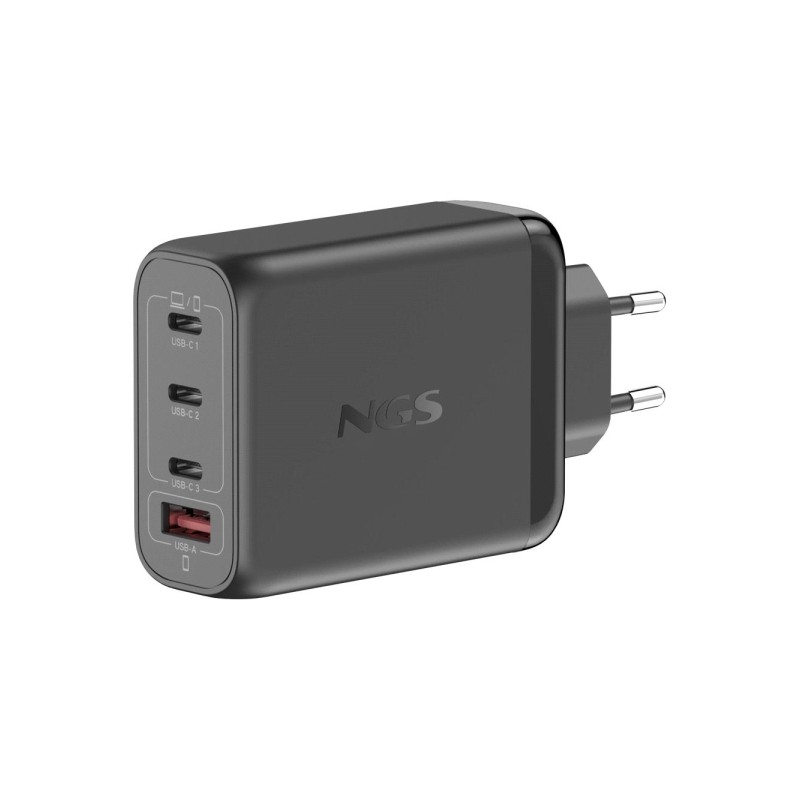 NGS Bud 140W Caricabatterie da parete GaN universale 140W ultra veloce - 3x USB-C PD e PPS. 1x USB-A QC 3.0 - Colore ner