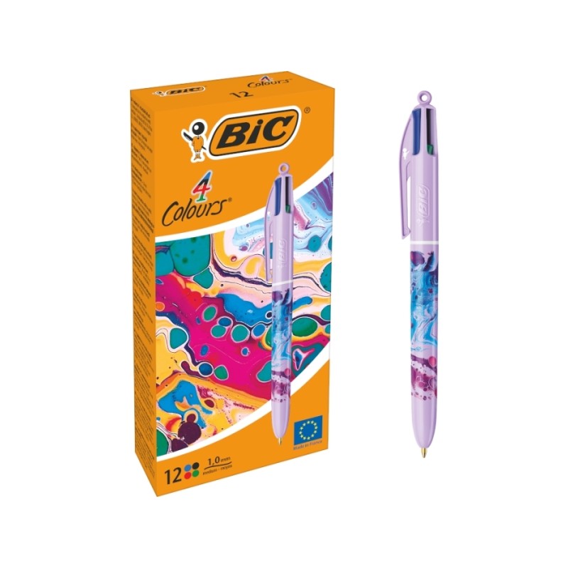 Bic 4 Colours Decors Hydro Penna a sfera retrattile - Punta media 1.0 mm - Inchiostro a base d'olio - 4 colori