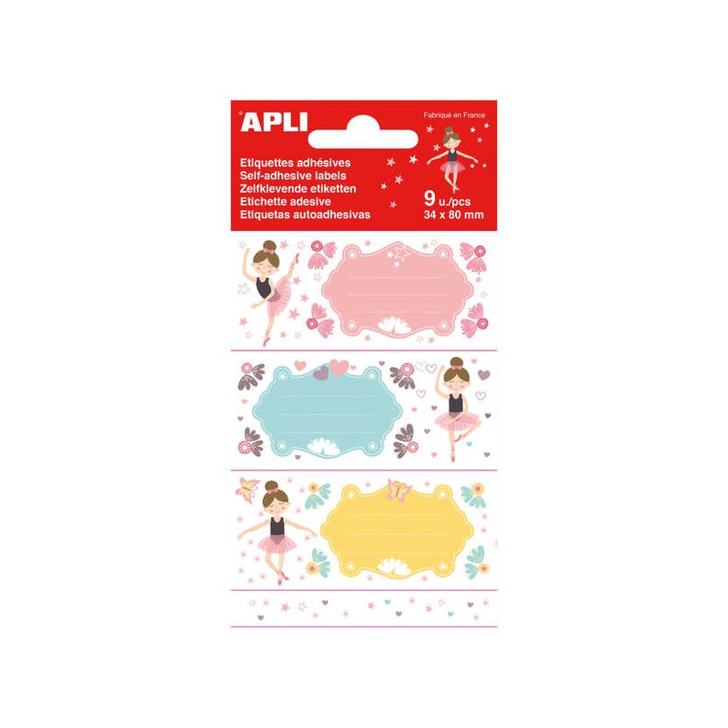 Adesivi per la scuola Apli Ballerina - Dimensioni 81x36 mm - 9 adesivi (3 per disegno) - Adesivi permanenti di alta qual