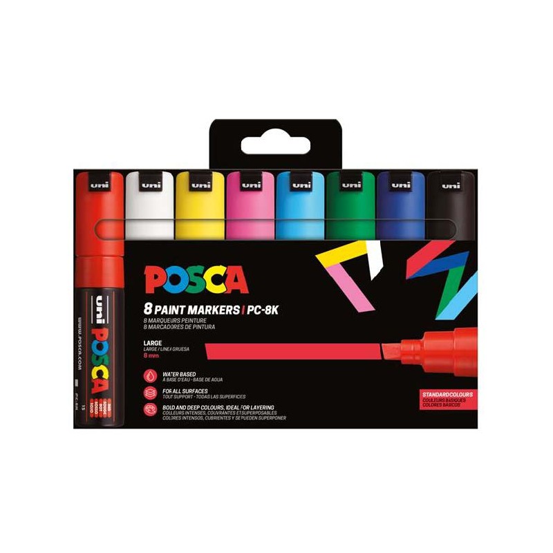 Posca PC-8K/8C Astuccio da 8 pennarelli - Punta smussata acrilica 8 mm - Inchiostro a base d'acqua - Resistente alla luc