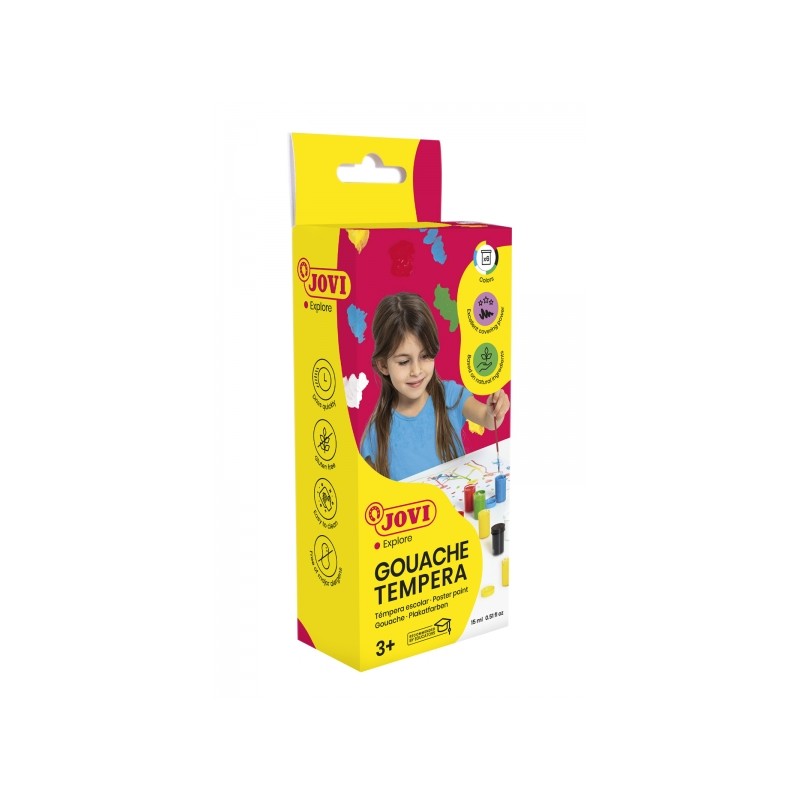 Jovi Tempera a guazzo Confezione da 6 vasi da 15 ml + pennello - Miscelabile - per carta. cartone. legno. tessuto. pasta