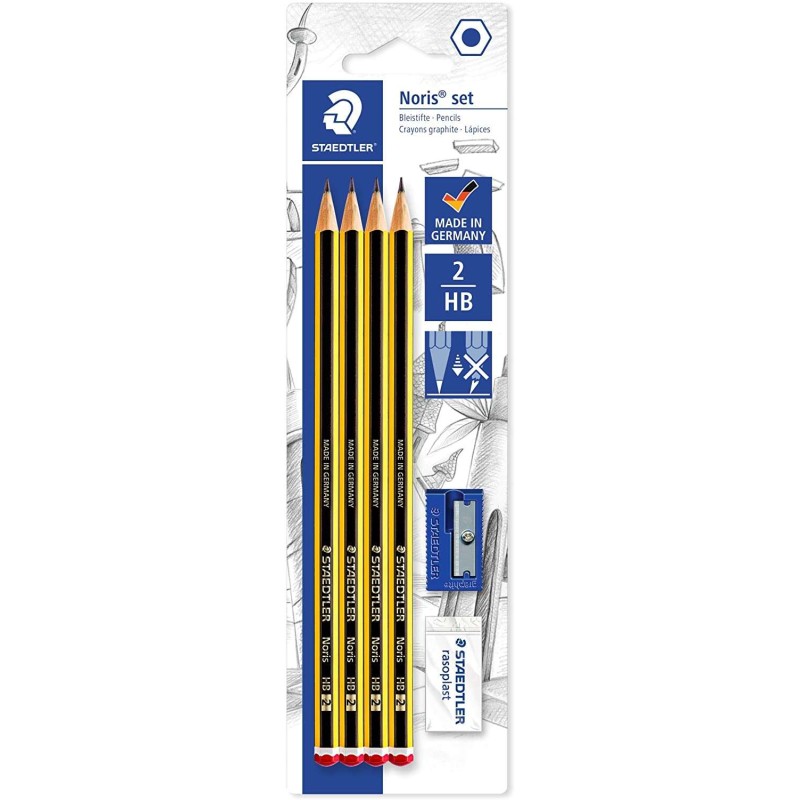 Staedtler Noris 120 Confezione da 4 matite di grafite esagonali 2HB + 1 gomma Rasoplast + 1 temperamatite - Resistente a