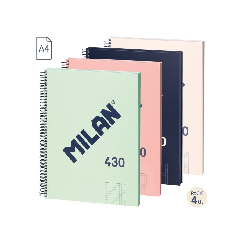 Milan Serie 1918 Confezione da 4 quaderni a spirale formato A4 griglia 5x5mm - 80 fogli da 95 gr/m2 - Microperforati. 4 